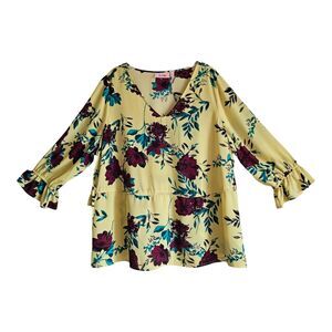 EVRI Women's 1X Blouse V-Neck Drawstring Waist Yellow Floral 3/4 Sleeve 50"